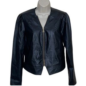 EUC Faux Leather Black Puff Sleeve fully lined Fitted V-neck Jacket, M